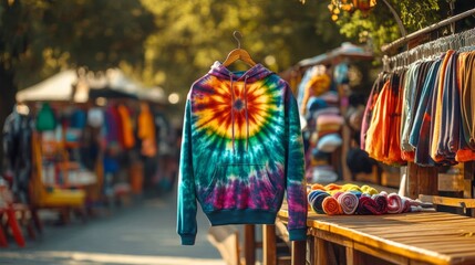 Tie Dye Hoodie Hanging At Outdoor Market Stall