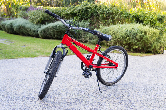 Red bicycle parked on gravel path in garden, ready for outdoor adventure