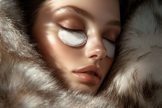 Model wearing under eye patches relaxing on soft fur, showcasing skincare and beauty treatment
