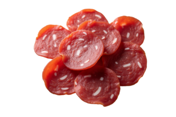 Slices of cured meat or salami arranged in a circular pattern with red and white color variations