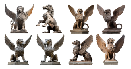 Eight Stone Statues of Mythical Creatures in Various Poses, isolated on transparent background