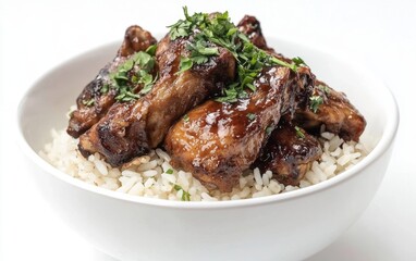 Midair serving of Filipino adobo chicken with garlic rice, isolated on a white background