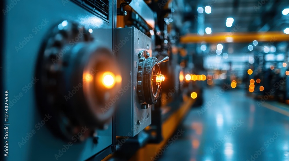 Poster a close-up view highlighting intricate industrial controls, radiating a warm glow and emphasizing te