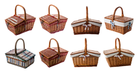 Assorted wicker picnic baskets for outdoor dining and gatherings, isolated on transparent background