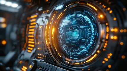 Futuristic HUD interface, spaceship cockpit, digital data, glowing lights, sci-fi background, tech concept