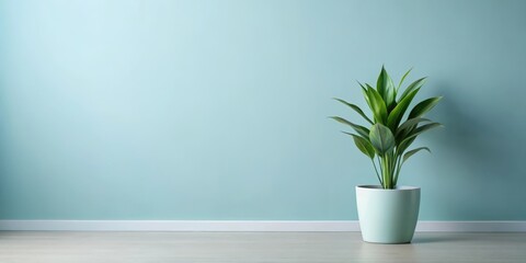 Serene Indoor Plant in a Light Green Pot Against a Pale Blue Wall