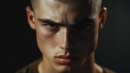 Fototapeta premium Intense Gaze: A Close-Up Portrait of a Young Man