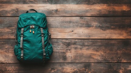 A vibrant green travel backpack rests on a rustic wooden surface, showcasing its modern design and perfect for outdoor adventures or daily commutes.