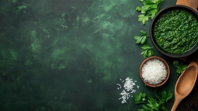 The image features spinach curry served in a bowl alongside steaming white rice, enriched with fresh herbs and set against a green backdrop that enhances its appetizing appeal.