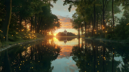 Obraz premium An enchanted forest at dusk, a river flowing through the landscape, the horizon glowing with a stunning sunset, a castle silhouetted against the colorful sky, ultra-realistic