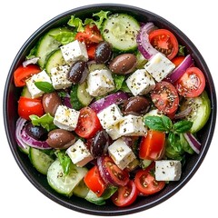 Greek Salad with Feta and Olives on a Plate, Top-Down View, No Background
