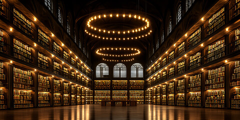Majestic library interior with illuminated bookshelves