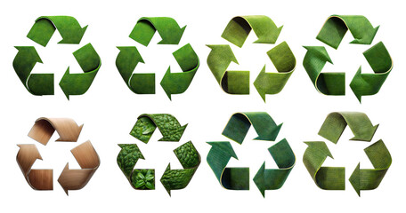Obraz premium Various Green Recycling Symbols with Eco-Friendly Textures and Designs, isolated on transparent background