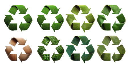 Various Green Recycling Symbols with Eco-Friendly Textures and Designs, isolated on transparent background
