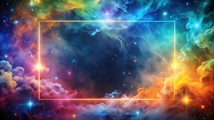Obraz premium A Celestial Canvas Glowing Golden Frame Envelops Vibrant Nebulae and Sparkling Stars