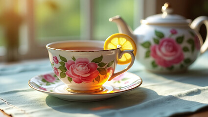 Fototapeta premium A tea cup with a saucer decorated with a pattern of pink flowers and green leaves. Tea is poured into the cup, and there is a slice of lemon on its edge.
