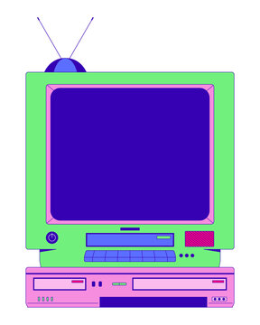 recommend clip art: Retro television with DVD player 2D cartoon object. Vintage TV with antenna. Nostalgic tech. Floppy drive. 90s technology isolated element flat vector clipart on white background. Spot illustration