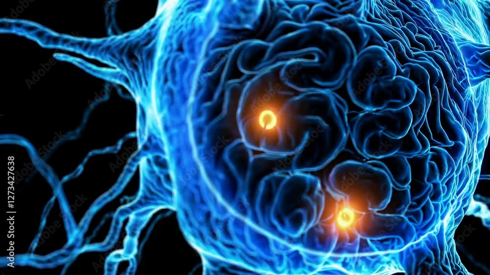 Poster close-up video still of a neuron, showcasing glowing synapses. high-angle view, emphasizing intricat