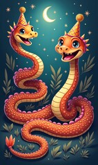 Celebrate with these cheerful, cartoonish snakes wearing party hats under a starry night. Perfect for children's parties, invitations, or playful designs!