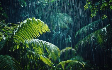 A tropical rainforest with heavy rain pouring down on giant ferns