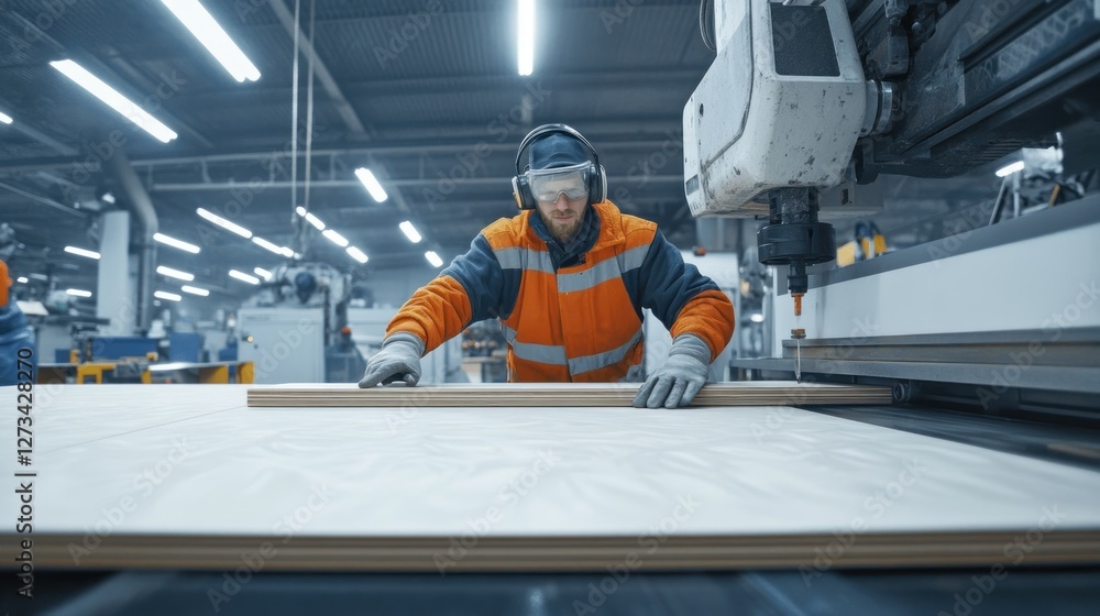 Poster worker operates automated machinery processing a large piece of wood