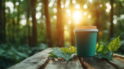 A green coffee cup placed on a rustic wooden table surrounded by lush leaves, creating a serene environment that invites relaxation and appreciation of nature's beauty.
