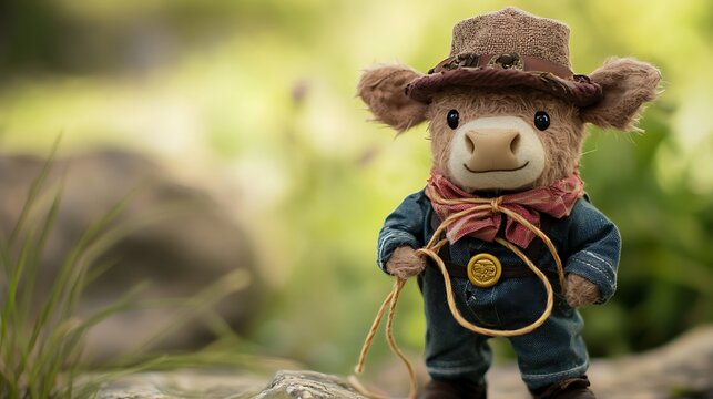 Stuffed cow dressed as cowboy with a tiny lasso