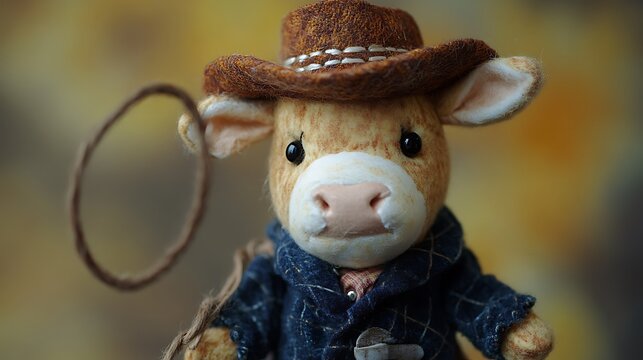 Stuffed cow dressed as cowboy with a tiny lasso