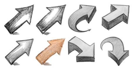 Collection of Hand-Drawn Arrows in Various Directions and Styles, isolated on transparent background