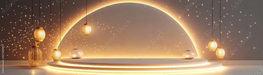 Aufkleber Elegant platform with illuminated arc backdrop and hanging lanterns