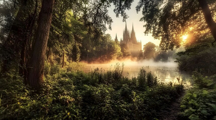 
A mystical forest panorama with a tranquil river, the sunset casting golden light over the trees, a majestic castle