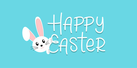 Vector easter banner with cartoon bunny on blue background. Easter banner with the inscription 