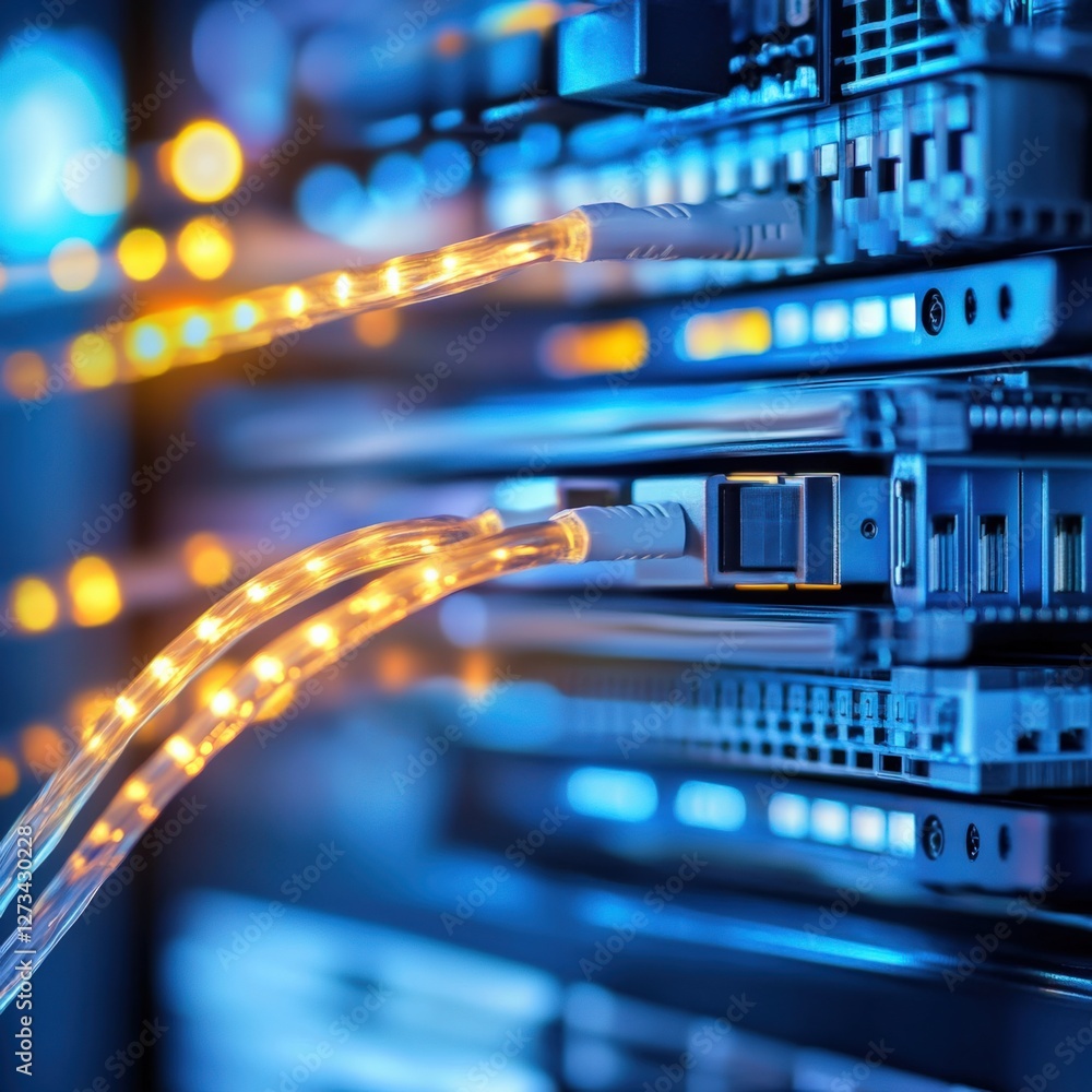 Poster data transfer event server room technology infrastructure digital environment close-up view high-spe