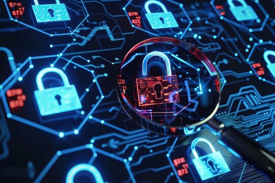 Digitale Sicherheitsl&uuml;cke &ndash; Schloss unter Lupe als Symbol f&uuml;r Cyberangriff