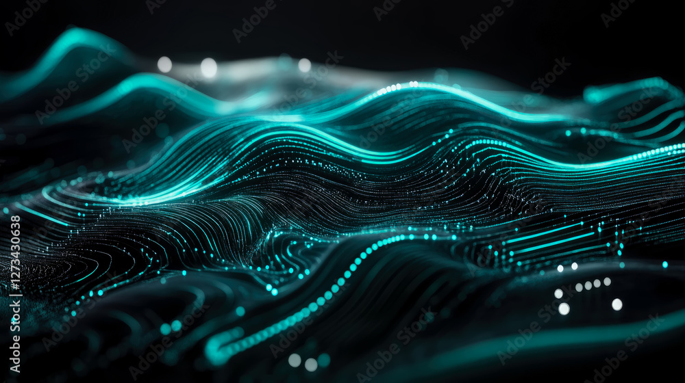 Poster quantum field: abstract turquoise line structure for science and technology presentation