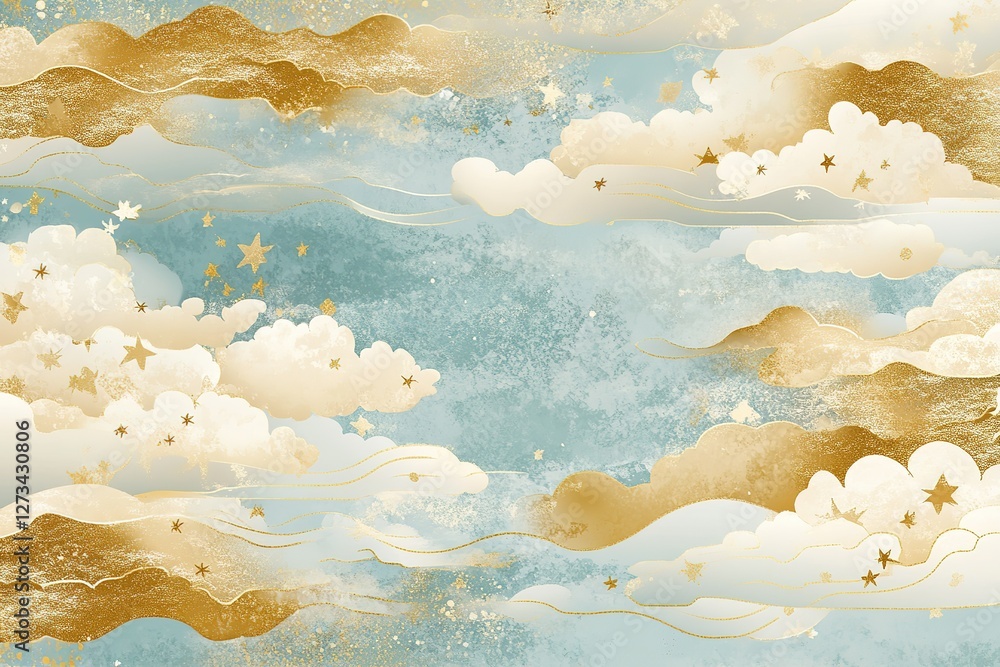 Poster celestial golden clouds: a luxurious background pattern of radiant light and soft, dreamy golden clo