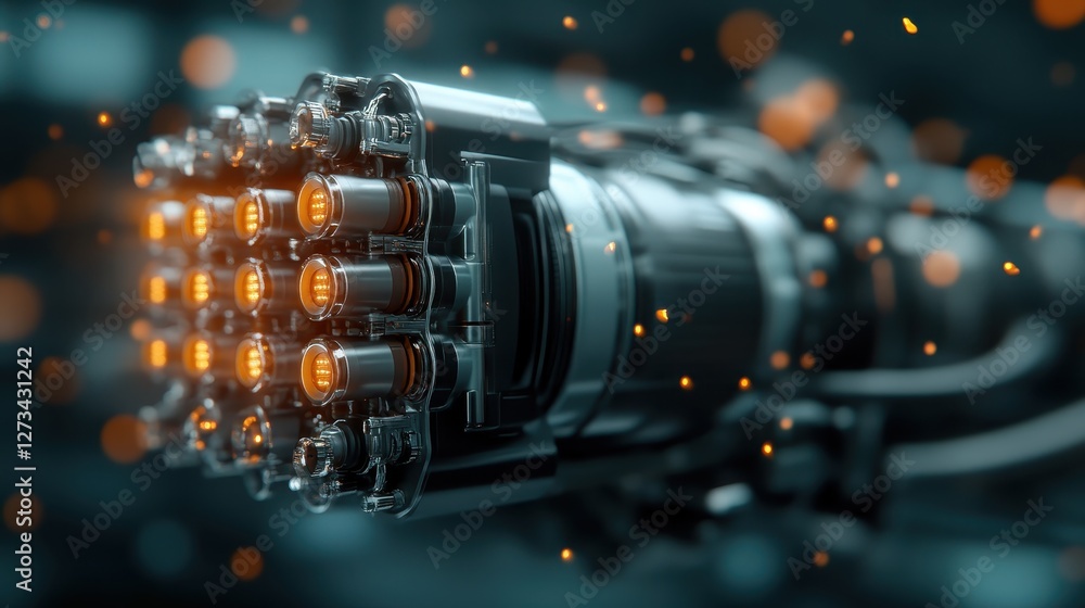 Poster an intricate depiction of an advanced rocket propulsion system, highlighting complex designs and glo