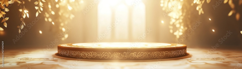 Poster Illuminated circular podium decorated with golden leaves and intricate patterns
