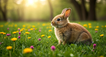 Fototapeta premium Adorable brown bunny sitting on a spring meadow isolated on a transparent background