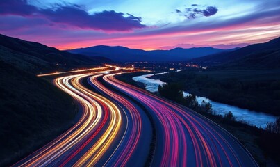 Night Highway Scenic Beauty: Colorful Light Trails on Winding Road at Sunset