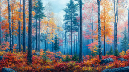 Obraz premium Autumnal tapestry: Forest scene with vibrant fall foliage and misty atmosphere, creating a serene and colorful woodland landscape