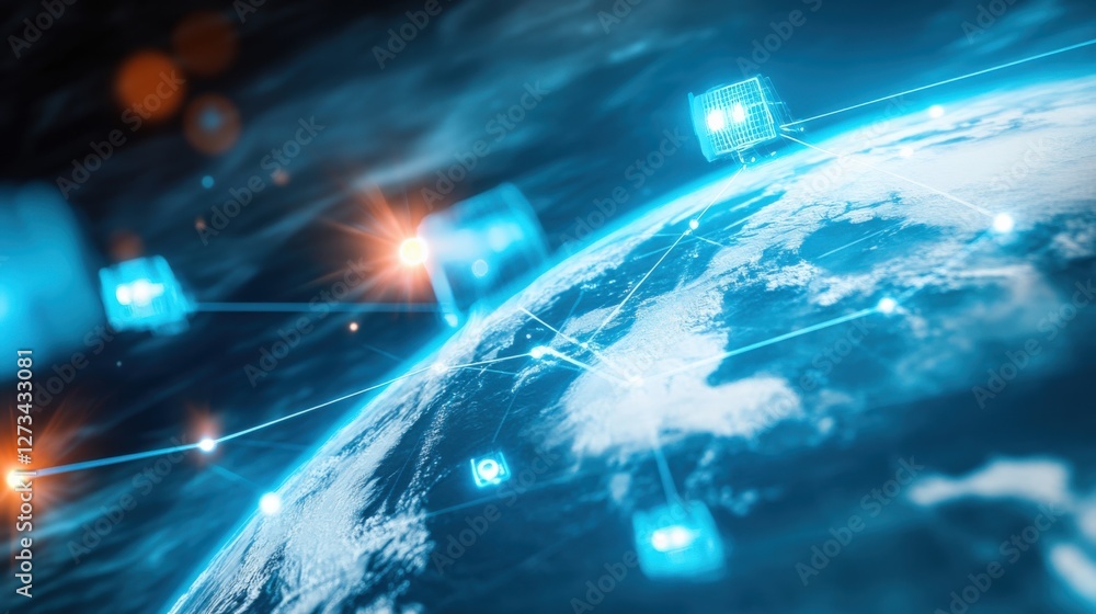 Poster global connectivity event digital data transfer earth technology visualization futuristic aerial net