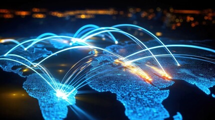 Global connectivity network digital world map infographic visualization technology aerial view data transmission concept