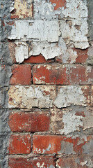 A close-up of weathered, aged brick wall with peeling paint and cracks, showcasing the rough texture of each brick