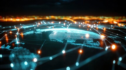 Global network connectivity digital landscape infographic virtual environment aerial view data visualization for technology insights