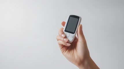 A hand holding a glucose meter with a test strip in place. Featuring health care and diabetes monitoring