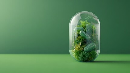 A striking representation of nature within a capsule, showcasing green capsules nestled among vibrant moss, symbolizing health and sustainability.