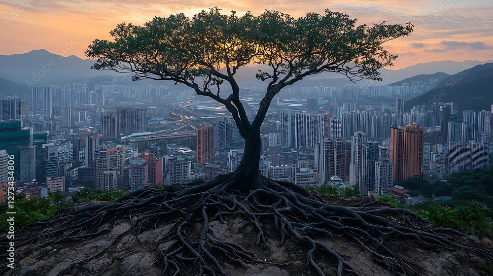 Sticker Solitary tree stands over cityscape at sunset, creating a striking skyline contrast