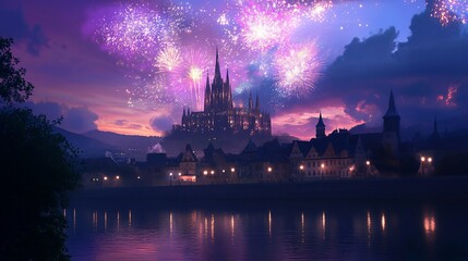 Naklejka premium Majestic castle over town with fireworks.