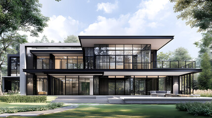 Fototapeta premium A modern house with large windows and an exterior of glass walls, sketched in an architectural drawing style 